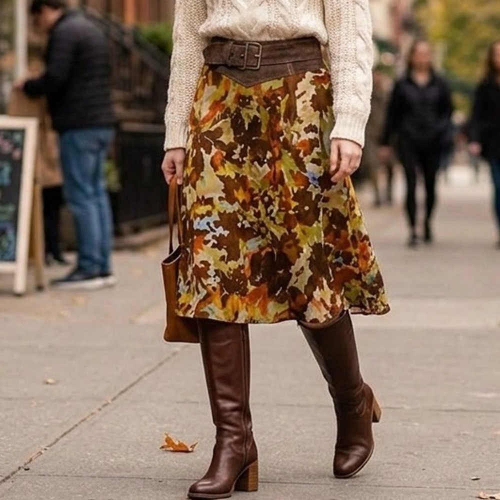 Think Tank Silk Suede Belted Floral Vtg Midi Skirt Brown Boho Earthy Artsy 70s 8
